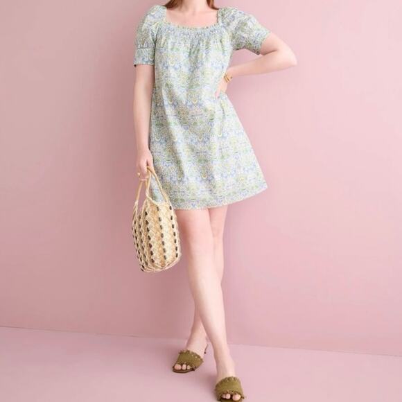 J. Crew 100% Cotton Green Afternoon Liberty Lodden Fabric Mini Dress Size Medium - Picture 1 of 11